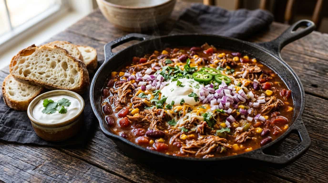Pulled Pork Chili Catering mit Pulled Pork Kidneybohnen und Mais