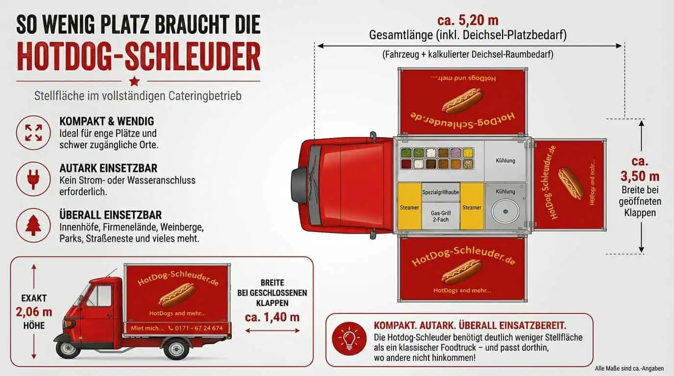 Abmessungen und Platzbedarf der Hotdog-Schleuder Abmessungen und Platzbedarf der Hotdog-Schleuder: ca. 5,20 m Länge inklusive Deichsel, ca. 3,50 m Breite bei geöffneten Klappen, ca. 1,40 m Breite bei geschlossenen Klappen und exakt 2,06 m Höhe