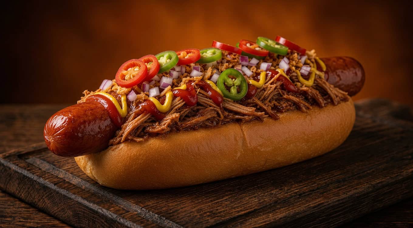 Loaded Jumbo-Hotdog mit Pulled Pork beim Foodtruck Catering Frankfurt