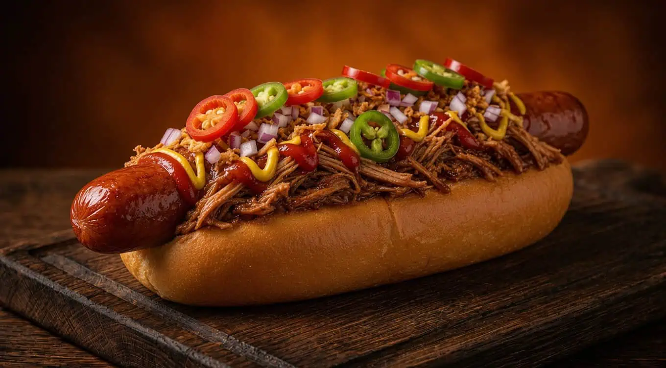 Loaded Jumbo-Hotdog mit Pulled Pork beim Foodtruck Catering Frankfurt